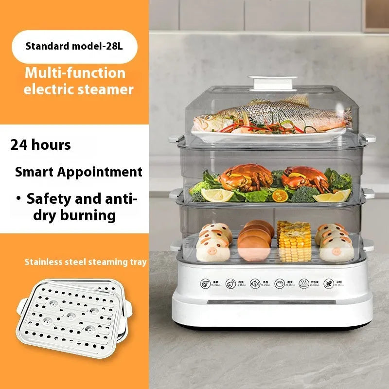 Stainless steel electric food steamer with 10-litre capacity and automatic water measurement function