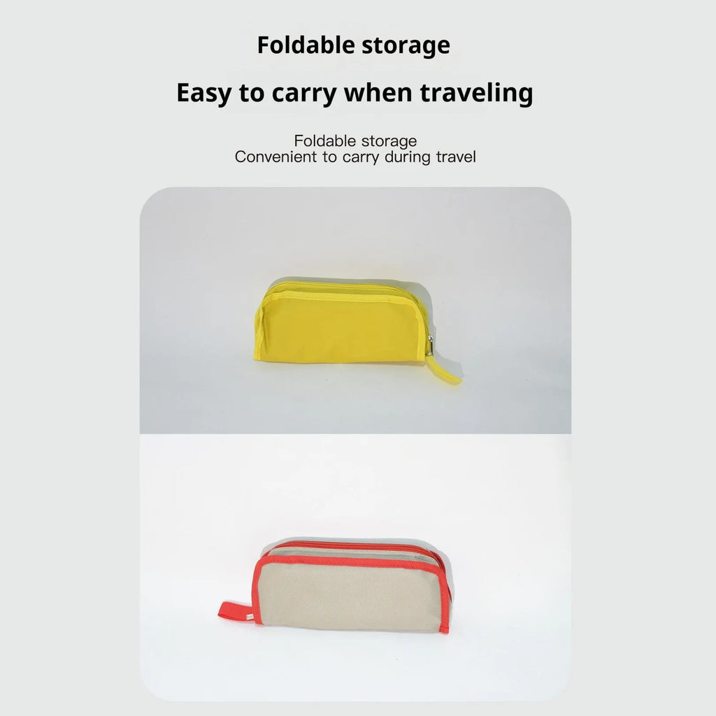 Lightweight foldable camp stool in Oxford cloth, shown folded and unfolded in khaki colour.