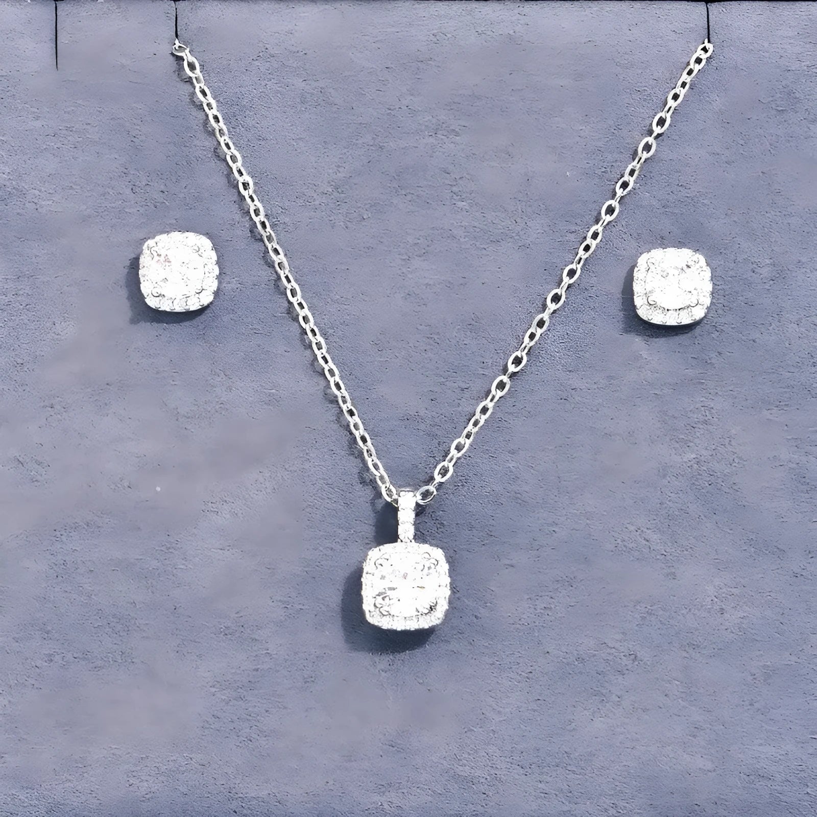 Female minimalist square diamond necklace and earring set in gold and silver colour options