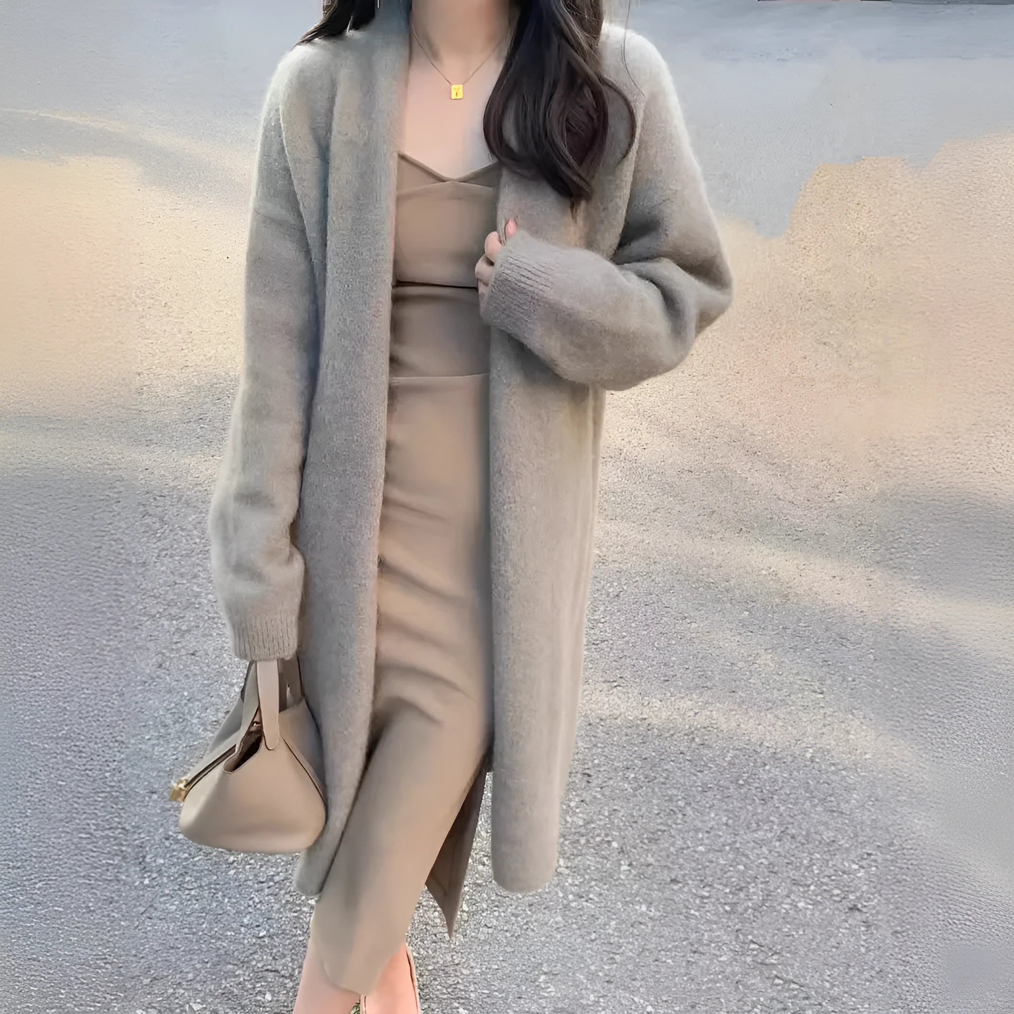 Women's loose fit knitted cardigan in khaki with V-neck and long sleeves.