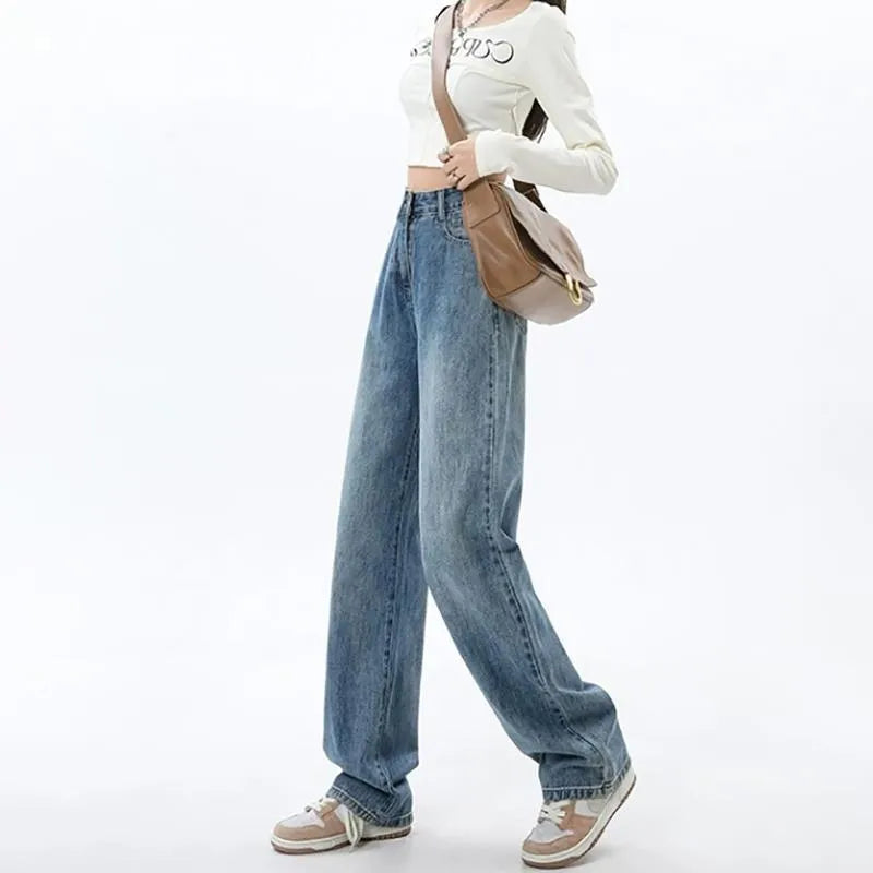 Women's retro blue high-waist wide-leg straight jeans on a neutral background