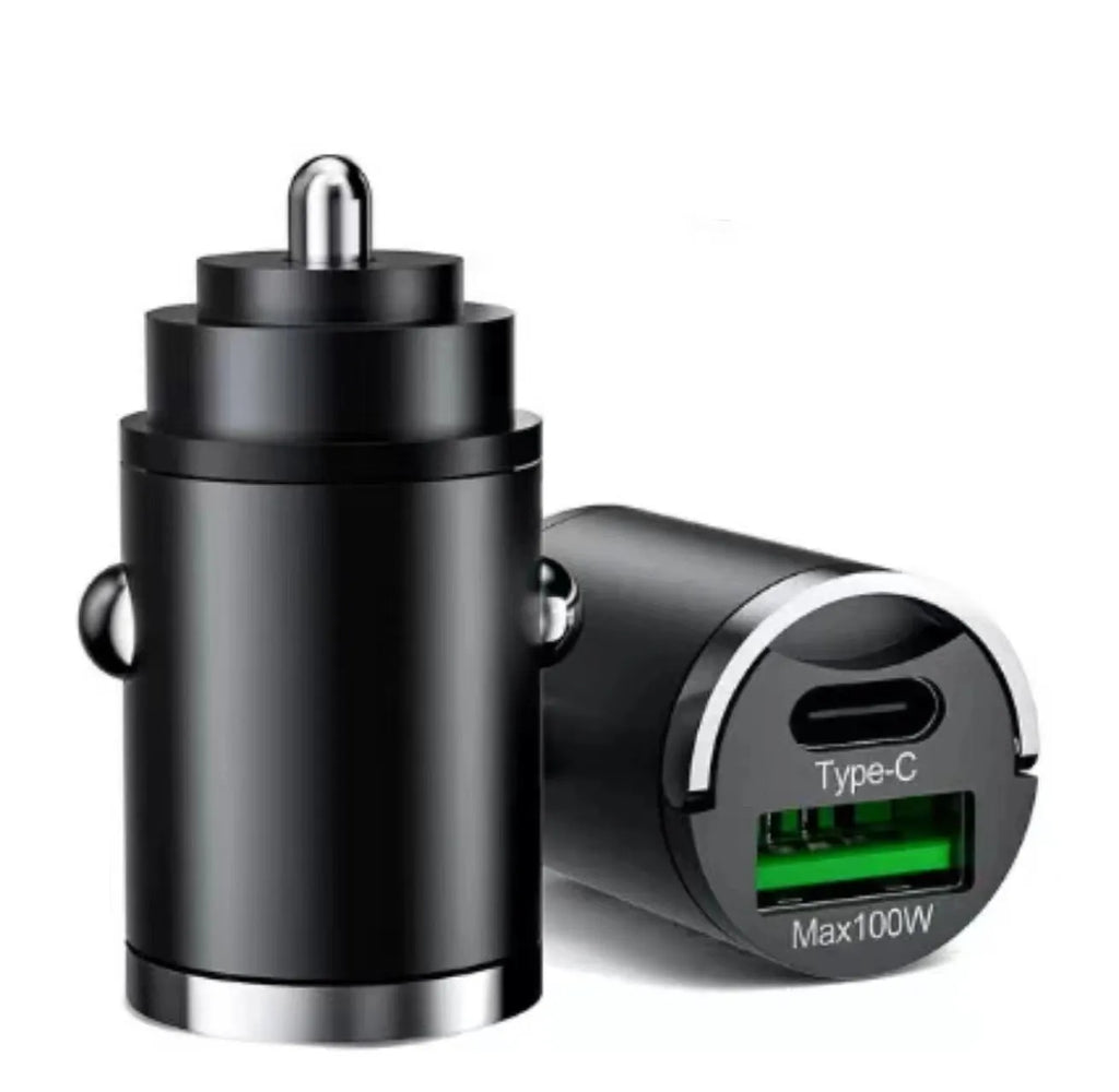 Black metal car charger with invisible pull-tab for 100W super fast USB charging