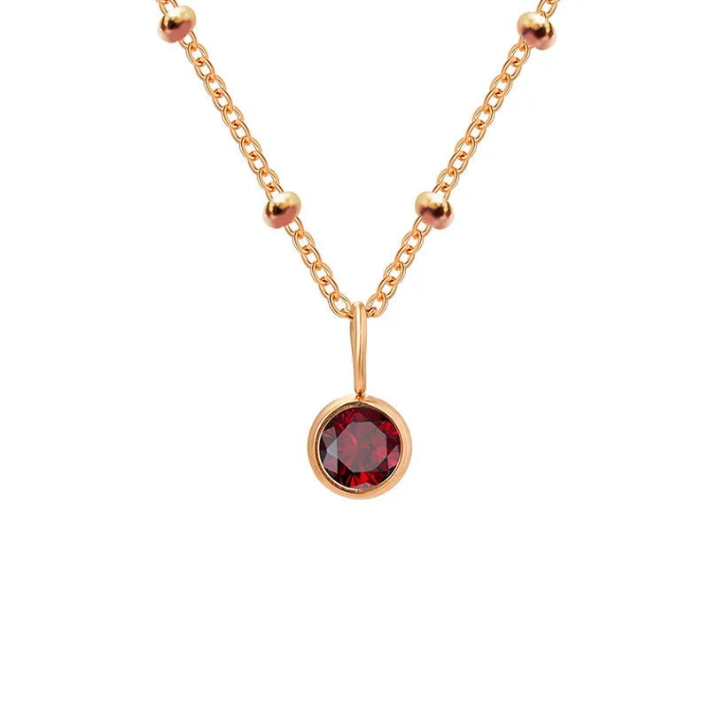 Women's round birthstone necklace on stainless steel ball bead chain, 38+5cm, shown in one of 24 colour options