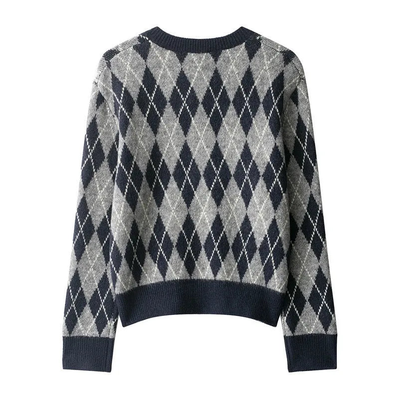 Women's diamond pattern knit sweater in picture colour, long sleeve contrast colour pullover