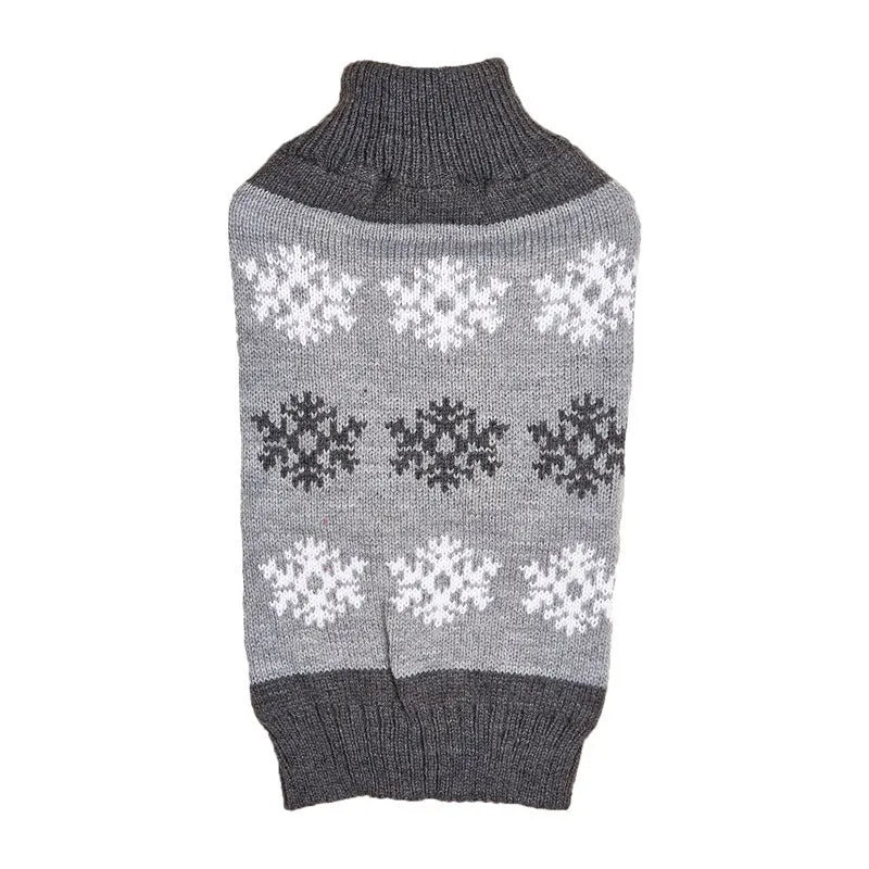 A dark brown and grey dog sweater with a snowflake pattern on a mannequin or dog, showing its knitted acrylic fabric.
