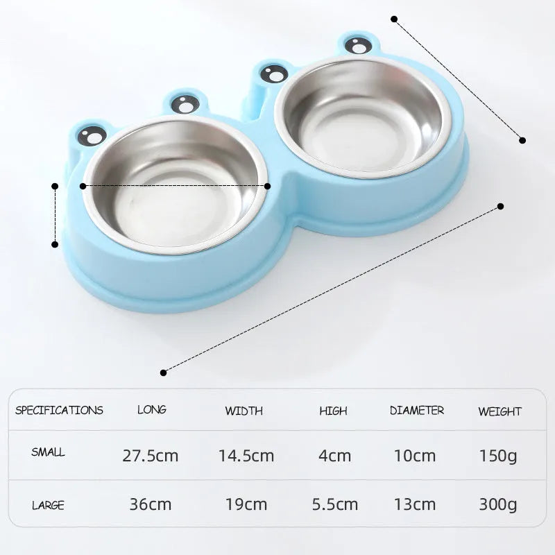 Stainless steel pet double bowl with frog design for food and water feeding