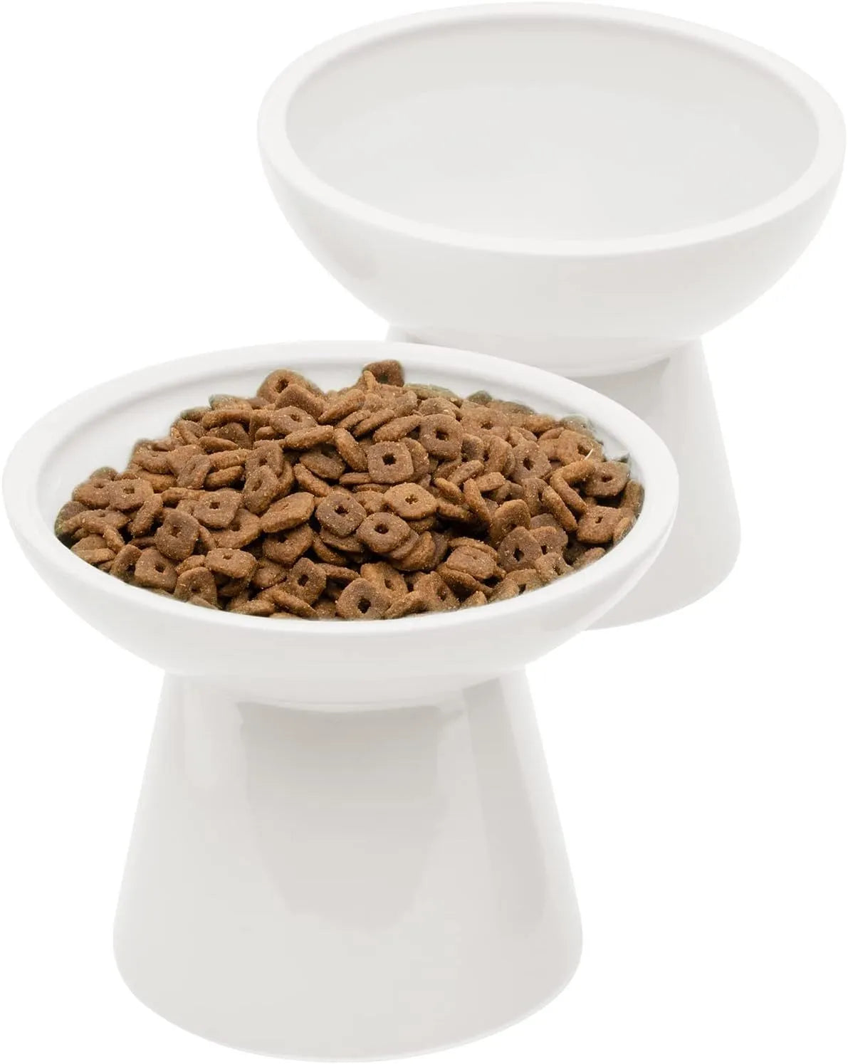 Ceramic elevated cat food and water bowl set in blue, showing wide shallow dish and raised base.