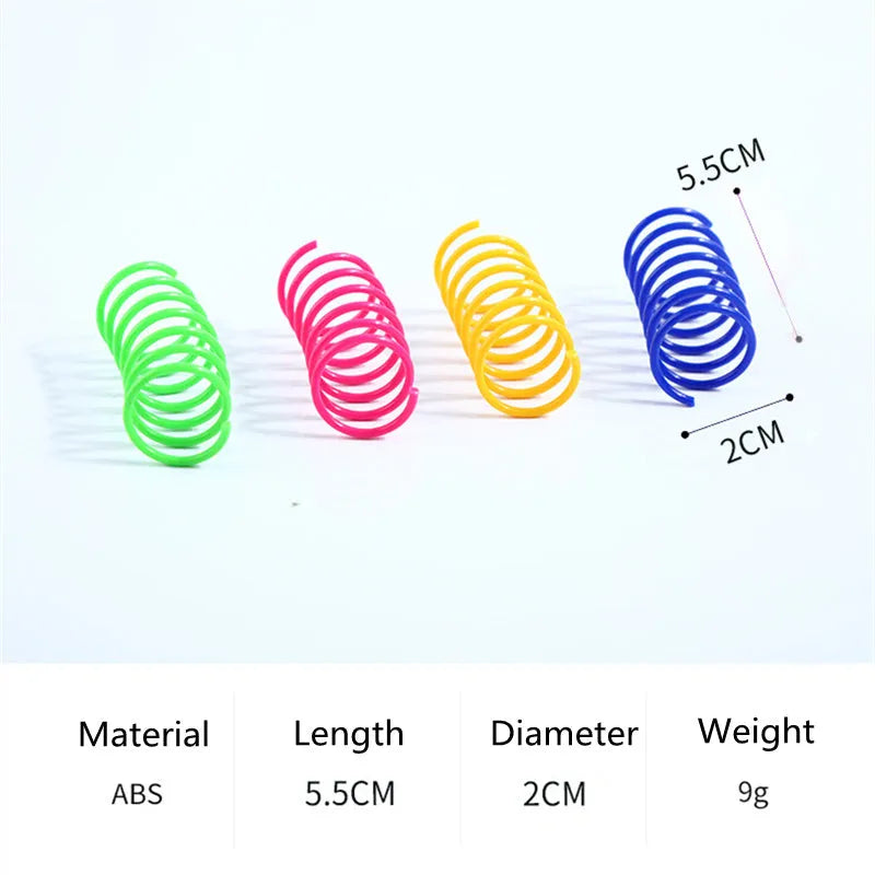 Plastic cat spring toys in mixed colours showing 5.5cm length and 2cm diameter measurements
