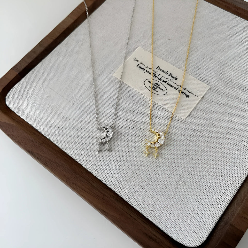 925 silver necklace with moon hollow heart pendant and tassel, gold electroplated finish on clavicle chain
