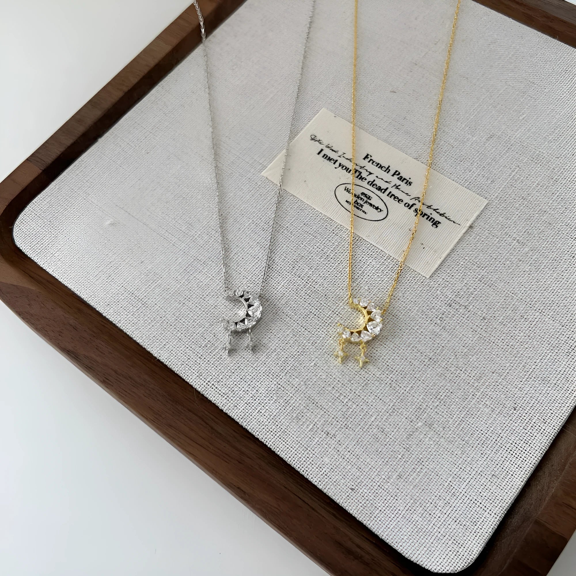 925 silver necklace with moon hollow heart pendant and tassel, gold electroplated finish on clavicle chain