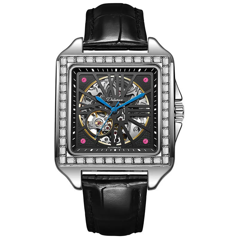 Men's square automatic watch with diamond studs on a black leather strap.