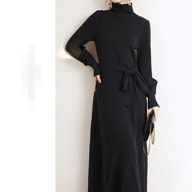 Rose red turtleneck knit dress with long sleeves, elastic waist, and a loose mid-length hem.