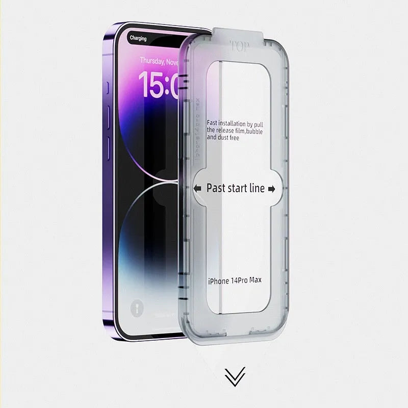 iPhone tempered glass screen protector with second sticker box application kit in transparent, frosted, and peep-proof finishes.