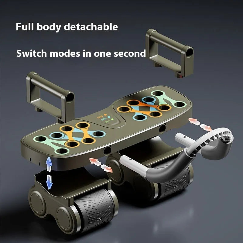 Multi-function four-wheel automatic rebound abdominal wheel in black for core fitness training