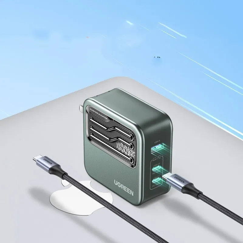 Compact 100W Gallium Nitride GaN fast charger plug with USB-C port on a 69mm body.