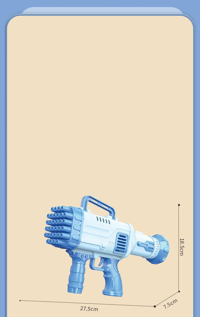 Sky blue electric Gatling bubble machine gun for children with 32 holes and light effects.