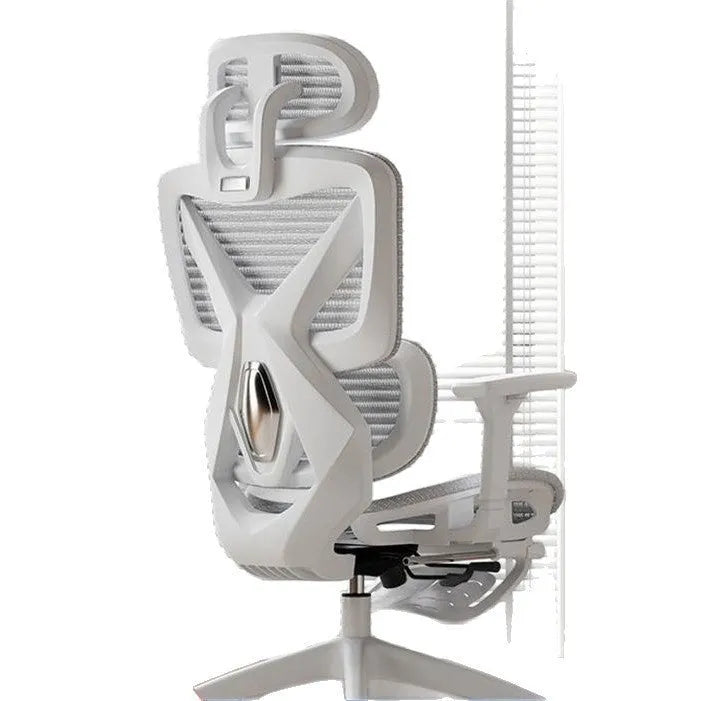 Ergonomic mesh gaming chair with black frame, black net back, 4D armrests, and footrest