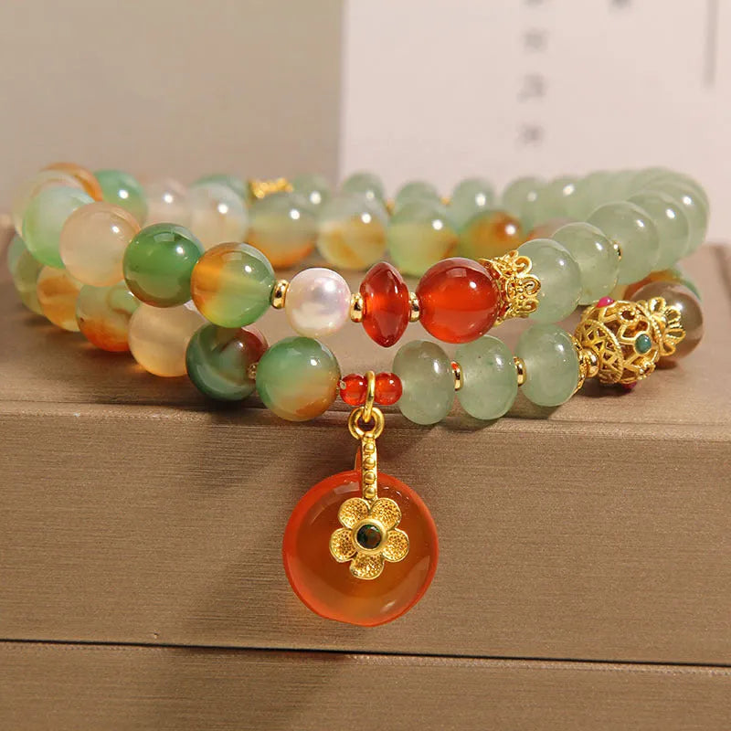 Peacock green agate double ring bracelet for women with alloy safety buckle and rhinestone decoration