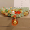 Peacock green agate double ring bracelet for women with alloy safety buckle and rhinestone decoration