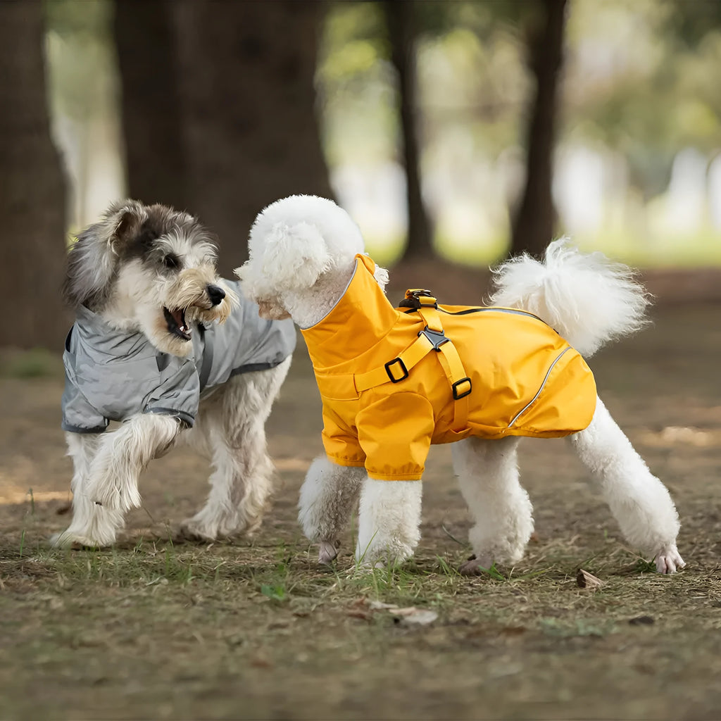 Waterproof dog raincoat in camouflage colour with two leg openings for chest and back coverage, polyester material, casual style