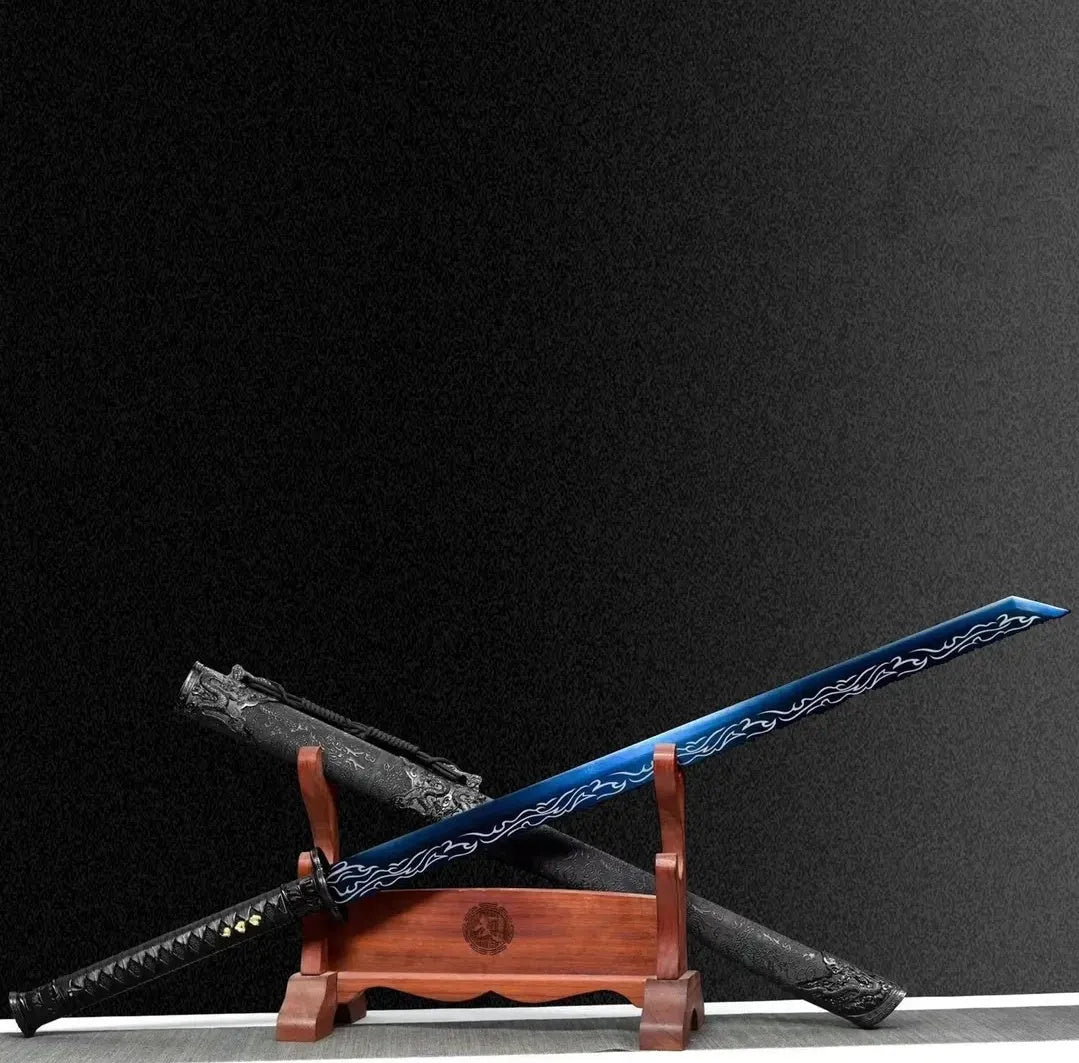 Liuying Tang Dynasty horizontal sword with 115CM overall length, 65 manganese steel blade, and leather-covered wood scabbard
