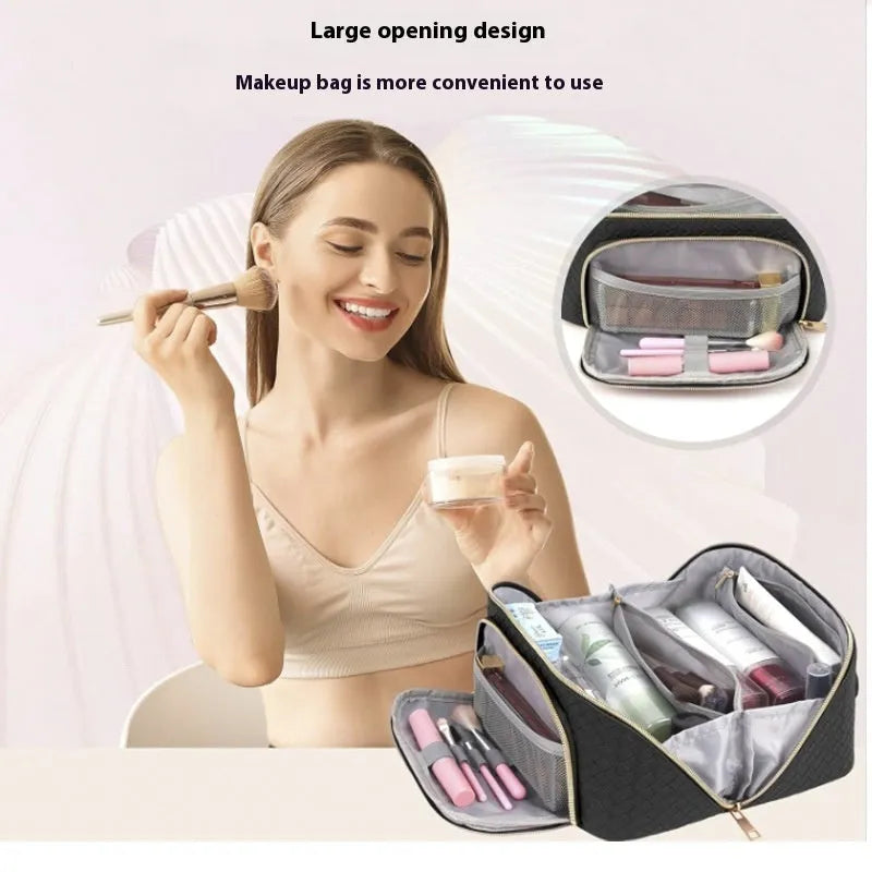 Large-capacity waterproof PU cosmetic organiser bag with multiple pockets and metal zipper in orange colour