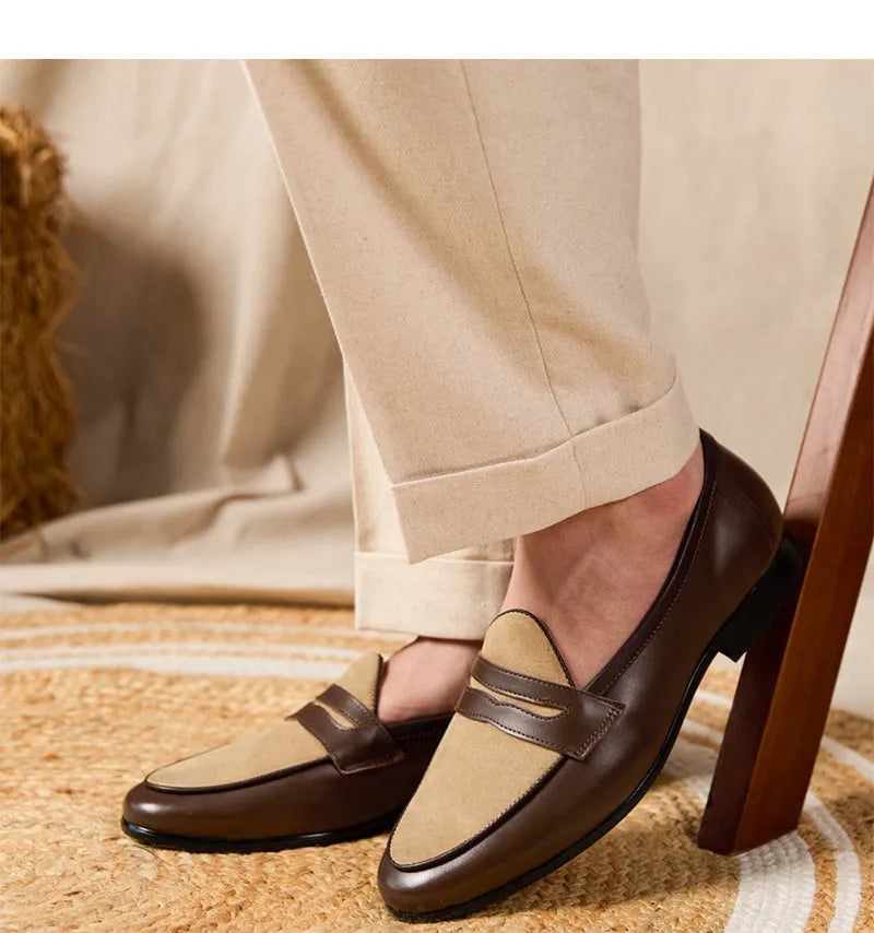 Coffee grey Belgian loafers slip-on shoes with high-gloss suede leather upper and rubber sole