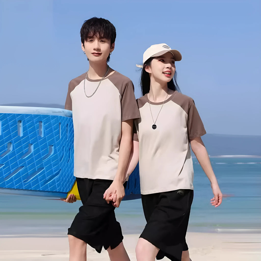 Round neck cotton blend T-shirt in loose pullover style for work printing, shown in a colour option