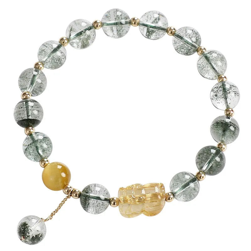 Green Phantom Quartz bracelet with gold rutile patterns in geometric 8mm beads