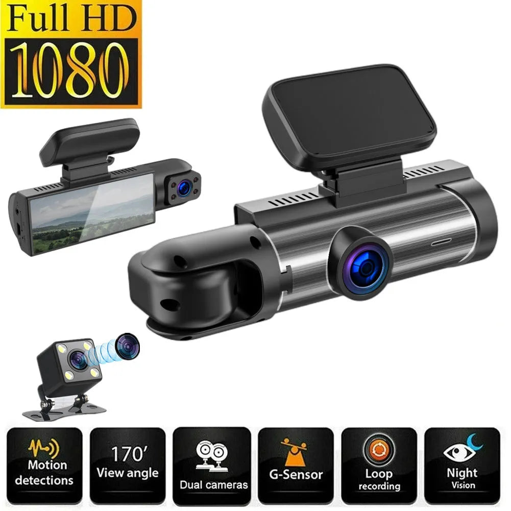 Dual-lens HD driving recorder with a 3.5-inch LCD screen mounted on a car windscreen.