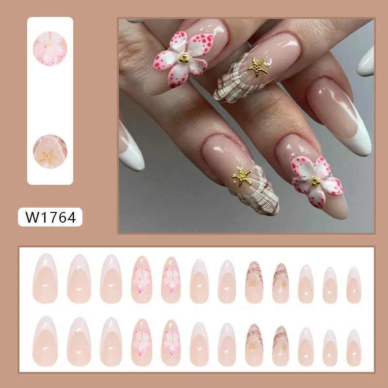 French style artificial false nails with floral rock pattern decoration in simple flowers colour