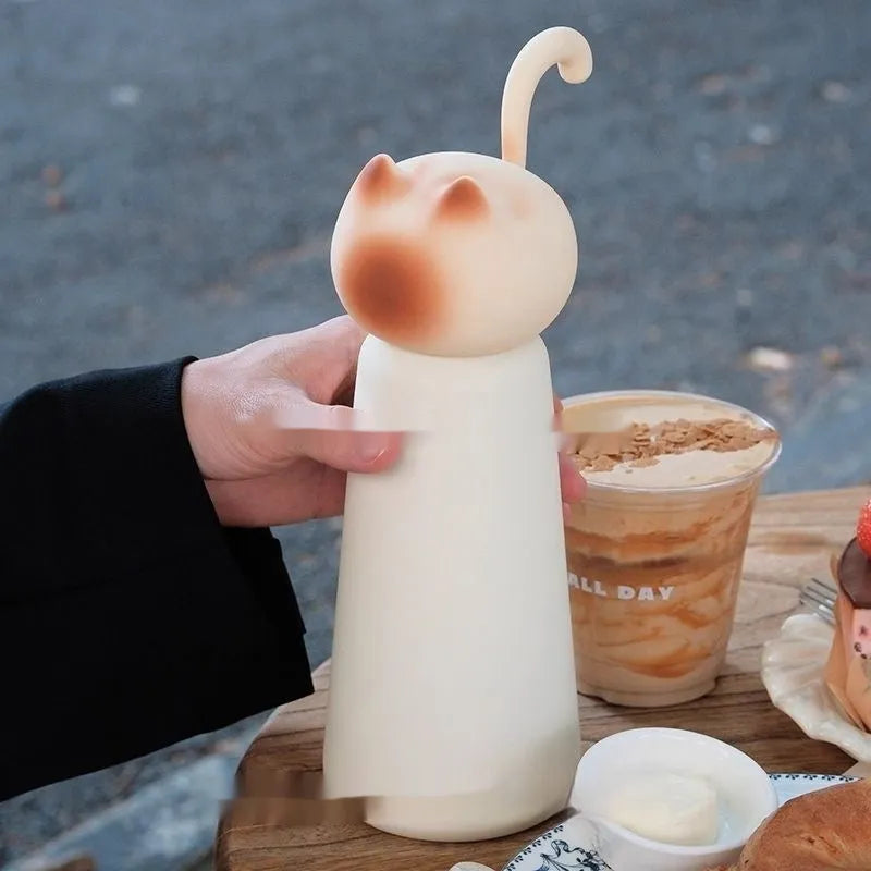 Beige cat shape portable thermos cup with 316 stainless steel liner and 201 stainless steel shell