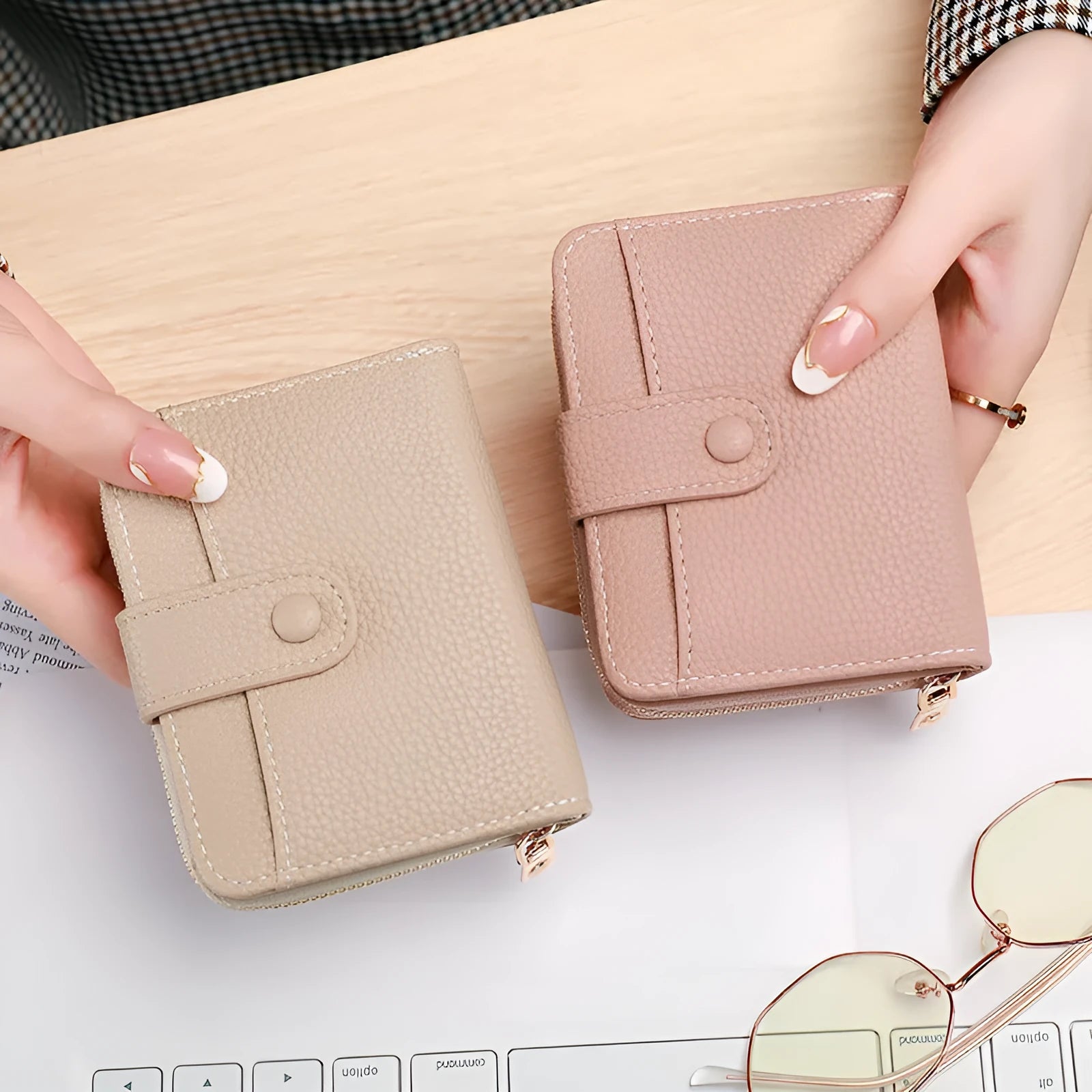 Women's lychee pattern short wallet in PU leather with antibacterial lining shown in beige, pink, black, and red colour options