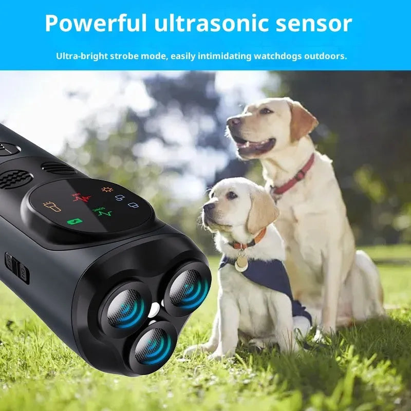 Ultrasonic three-head dog repellent bark stopper handheld device with light in orange, grey, or navy blue, 4.85 x 4.68 x 12.60 cm