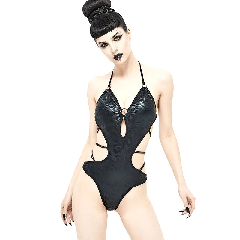 Black triangle one-piece backless swimsuit with gather detailing and wireless cup, on display