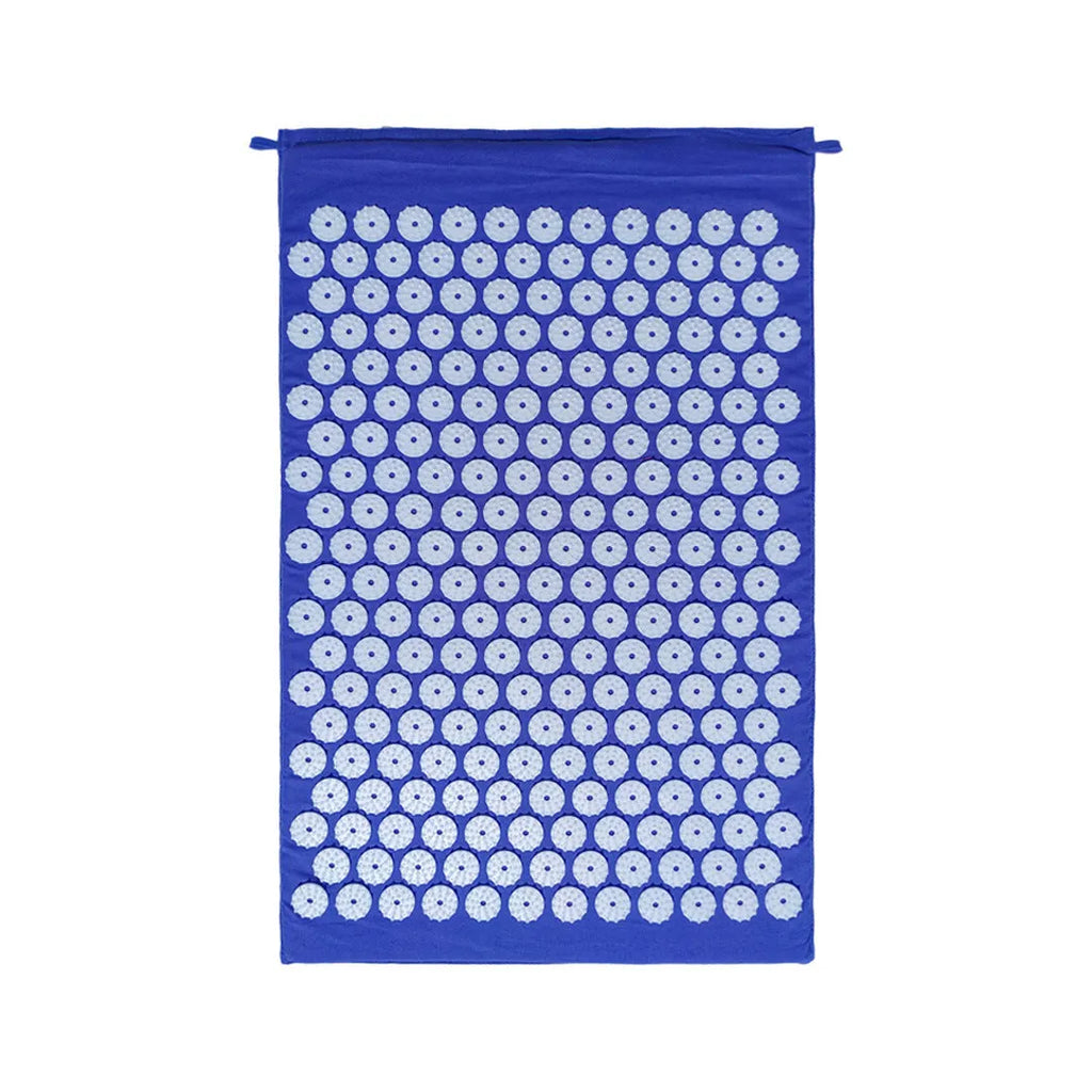 Acupuncture massage mat yoga mat set with black and blue cushion and headrest on floor