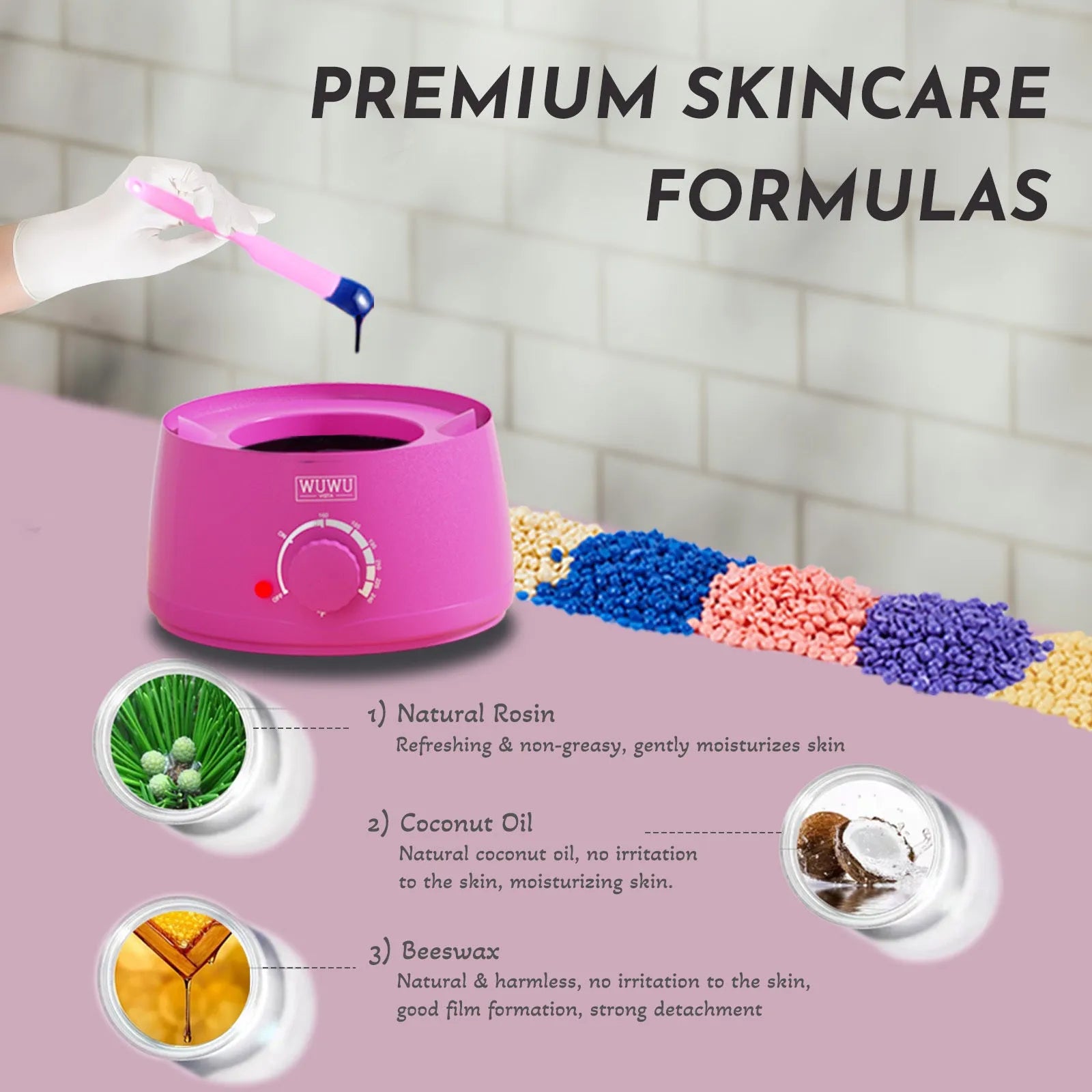Black or pink professional waxing kit with wax warmer, hard wax beans, applicator sticks and post-care products