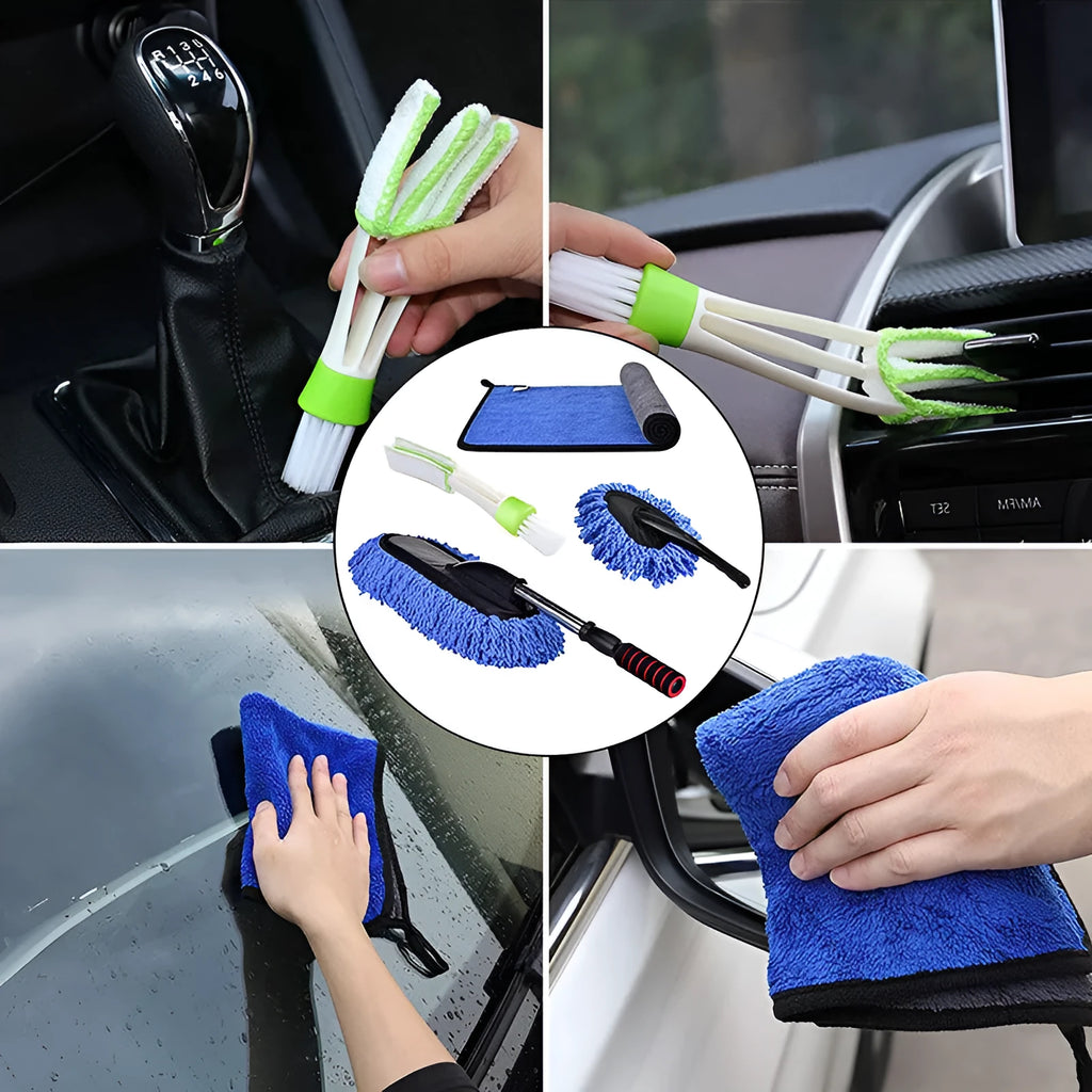 Car dust collector with retractable handle and 5-piece microfibre dusting brush set for vehicle interior cleaning
