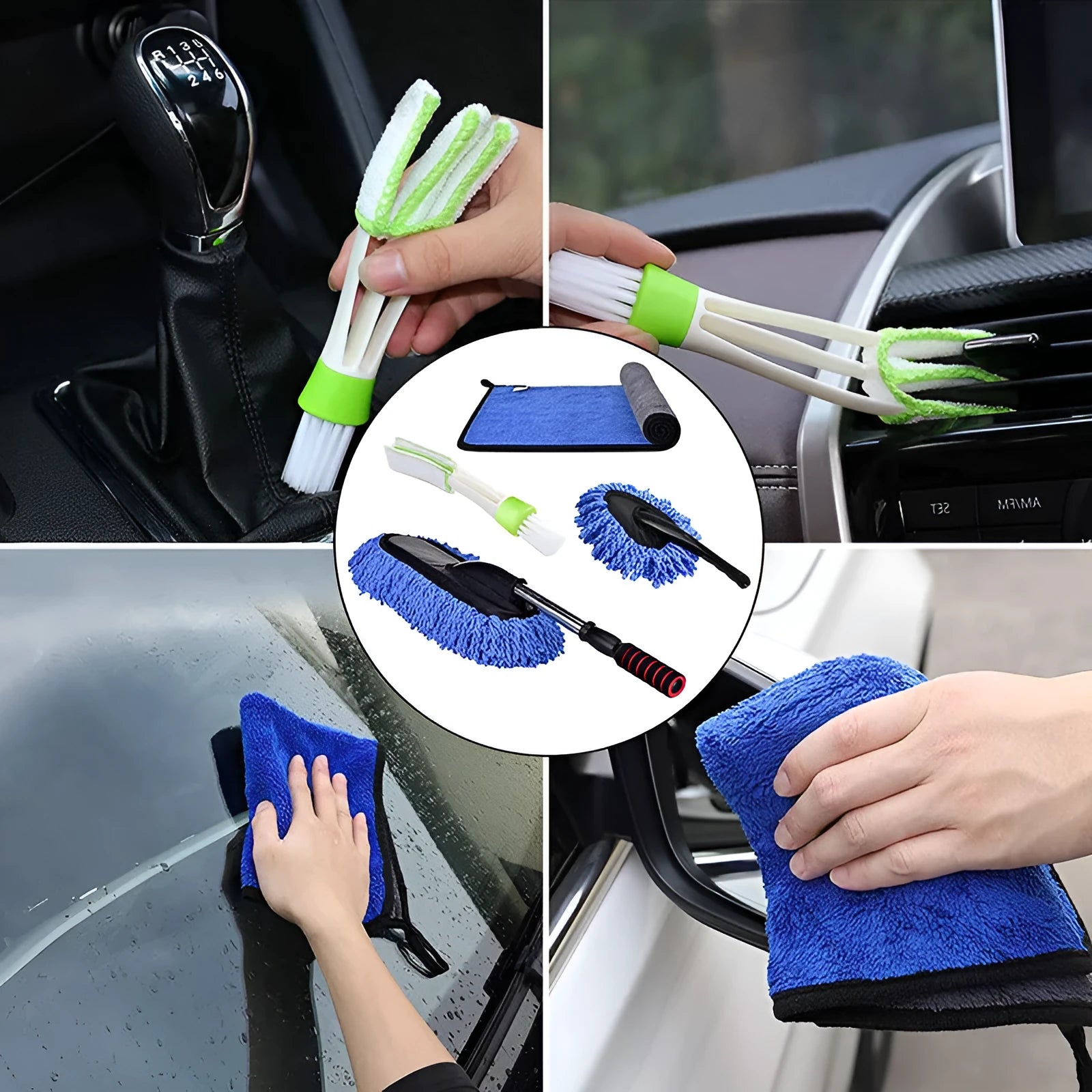 Car dust collector with retractable handle and 5-piece microfibre dusting brush set for vehicle interior cleaning