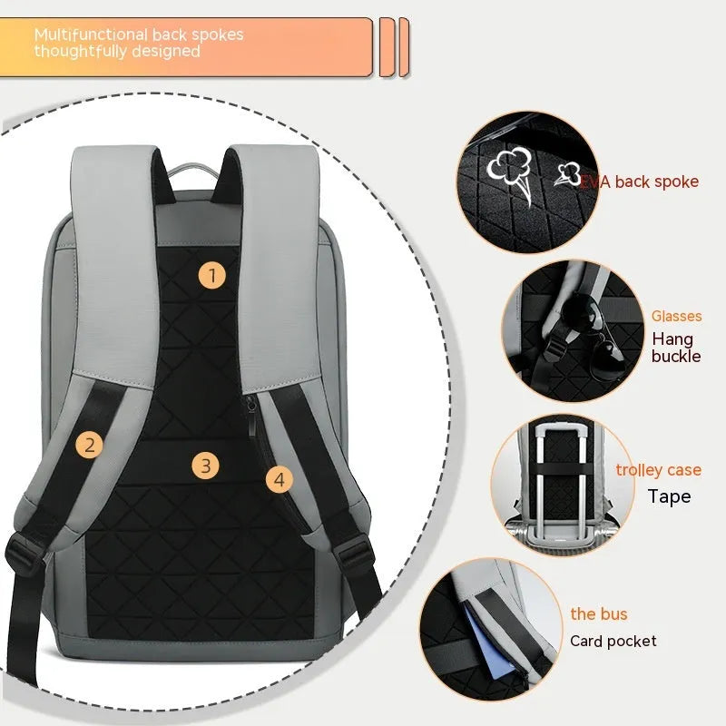 Gray business lightweight multifunctional backpack with USB port for men, Oxford cloth, solid colour