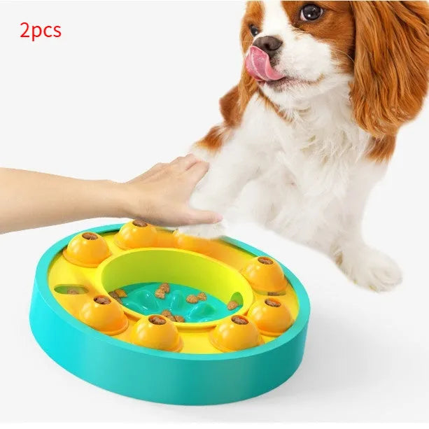 Square blue dog puzzle feeder bowl with a central column and a top turntable for interactive feeding.