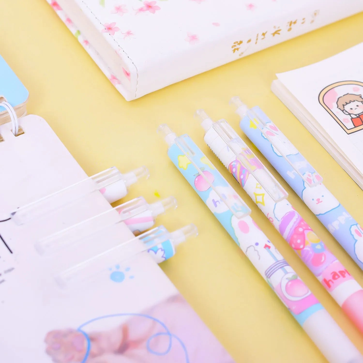Six cartoon bunny design pens with 0.5mm tips and neutral black ink in plastic shells