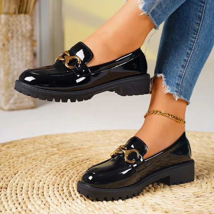 Chunky heel round toe pumps women's thick sole shoes black colour PU upper rubber sole