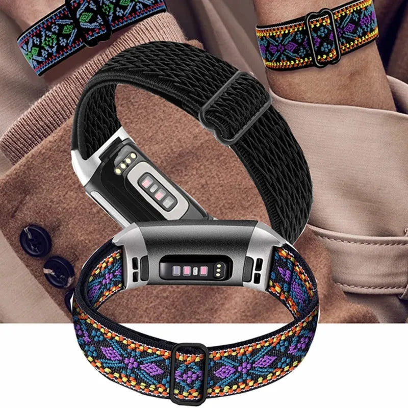 Nylon elastic strap with silver metal toe cap for Fitbit Charge 5 or 6, black colour