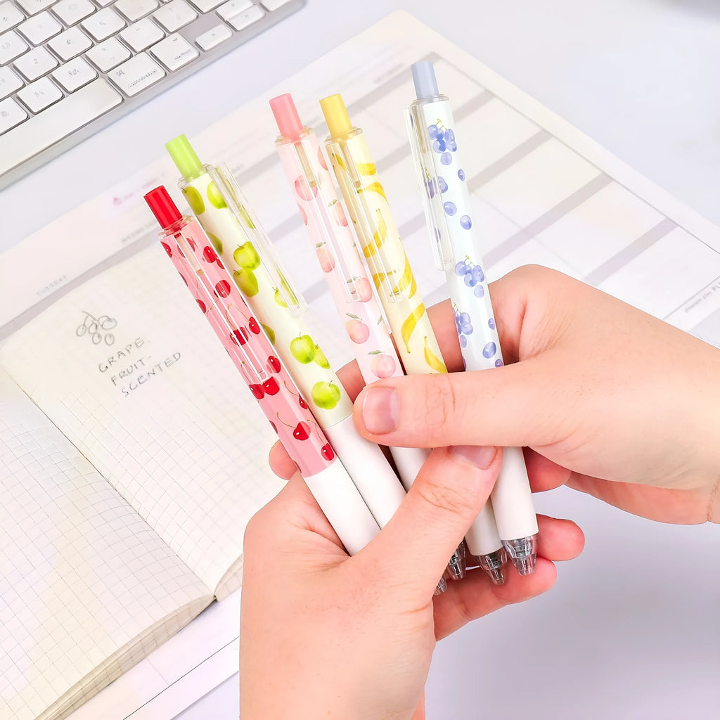 Fruit-scented press-action pen with 0.5mm quick-drying black ink refill