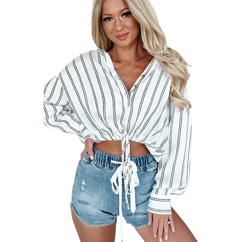Striped long sleeve waist-tied loose top in navy blue, pullover style with buttons