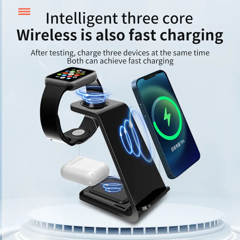 White 3-in-1 upright wireless charging stand holding a mobile phone in portrait mode on a desk.