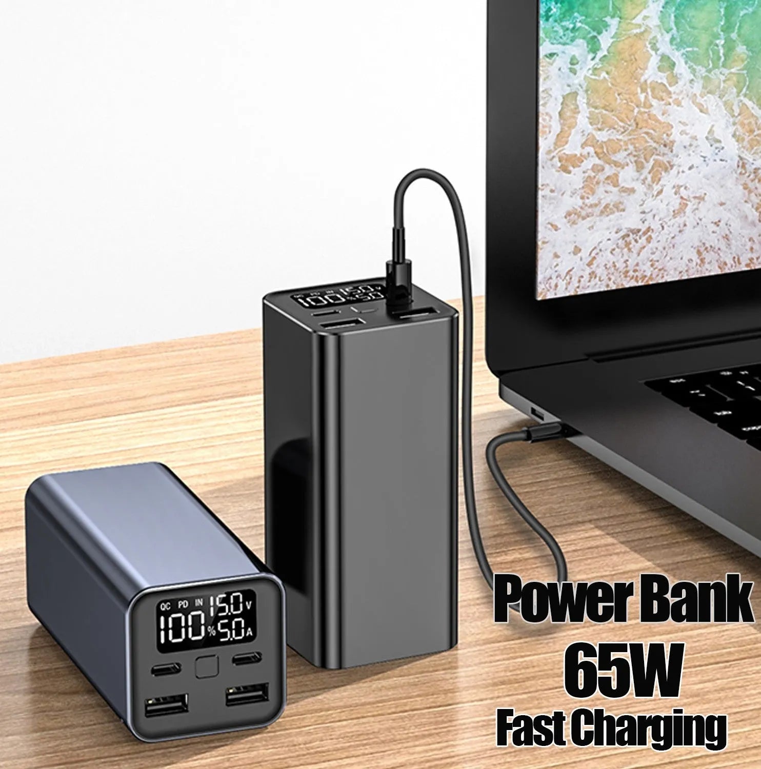 65W metal power bank with 20000mAh capacity for laptop charging, shown in black, blue, and grey colour options.