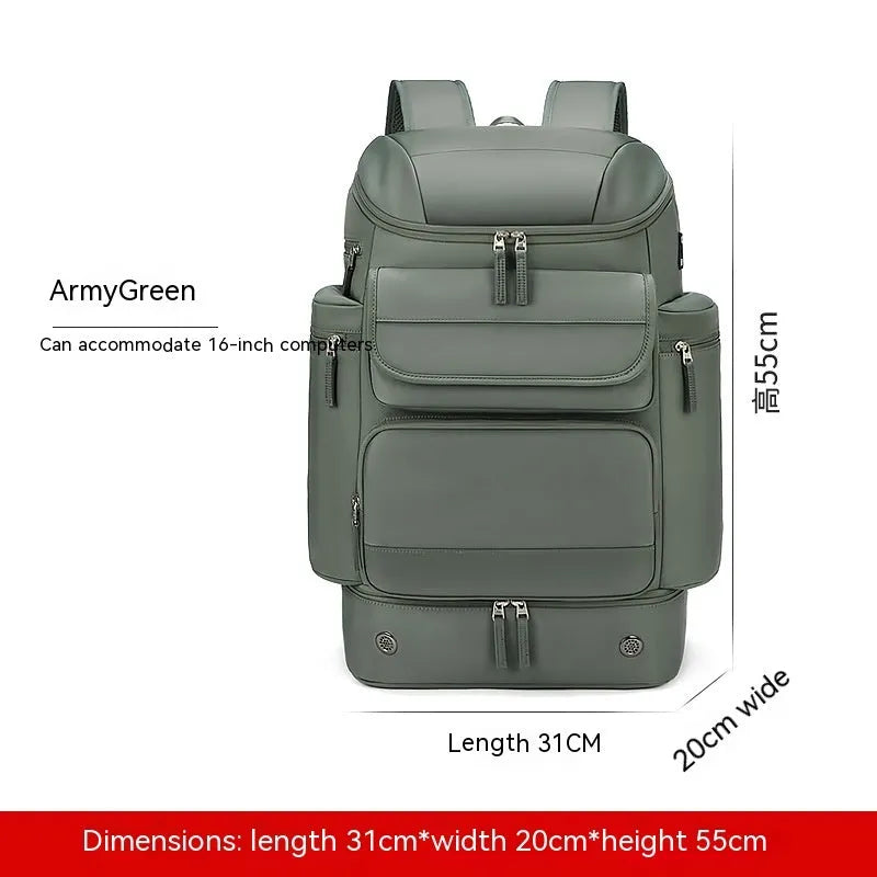Men's large capacity outdoor waterproof backpack 21 inch Oxford cloth in Army Green colour with curved shoulder strap