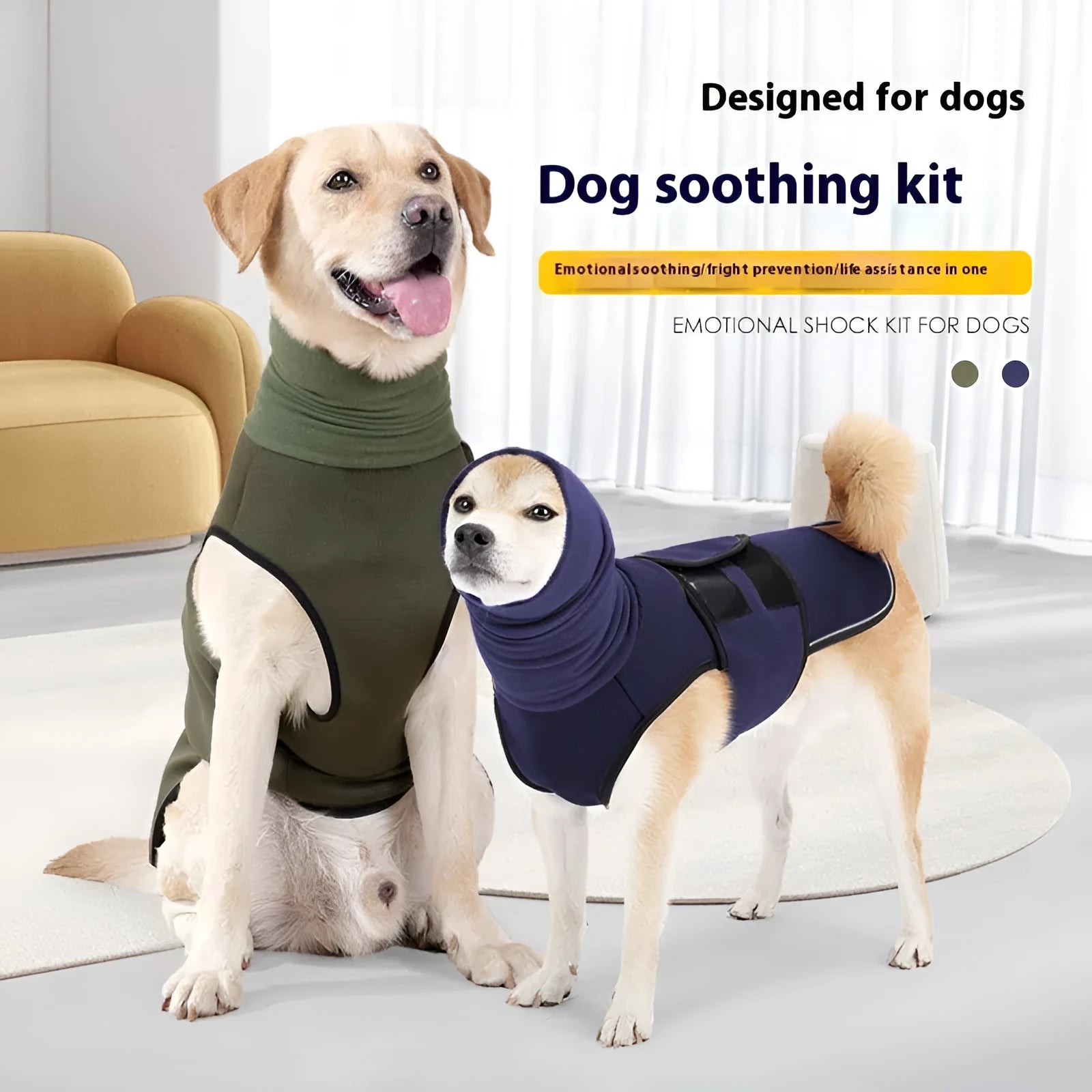 Dog wearing polyester anti-anxiety jacket in army green colour, sizes available from XS to XXXL